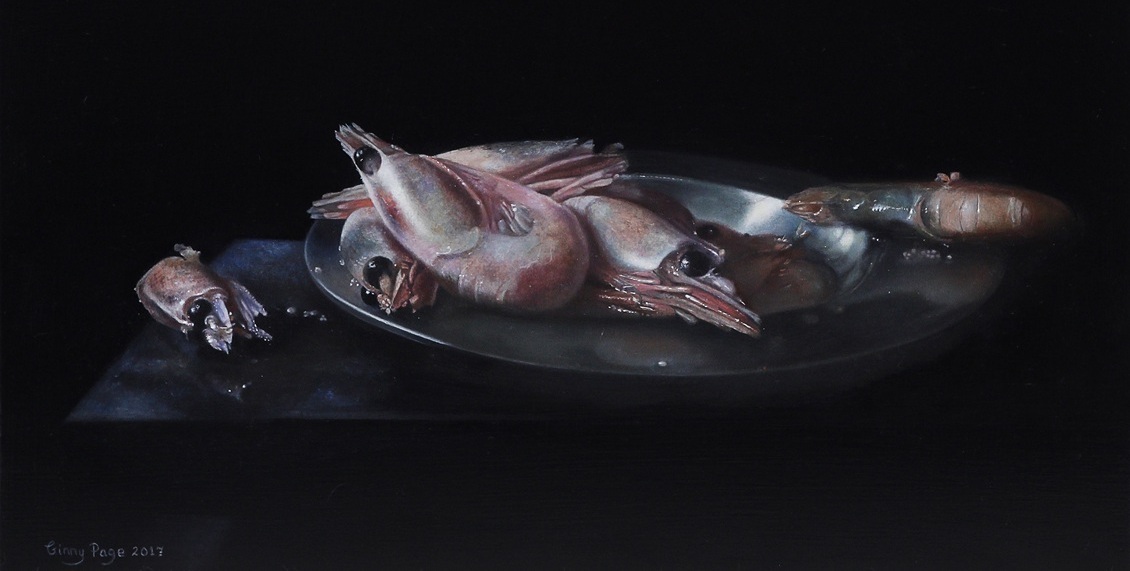 Still Life with Prawns, 2017 – Still life oil painting on panel, 32 x 20 cm – Ginny Page